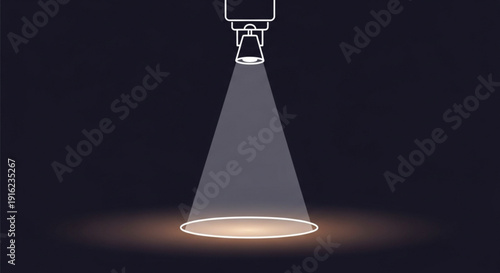 Spotlight shines bright light on dark background with focused beam and warm glow