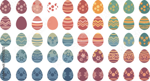 Collection of fifty decorative easter eggs featuring various pastel colors and intricate patterns perfect for spring holiday celebrations