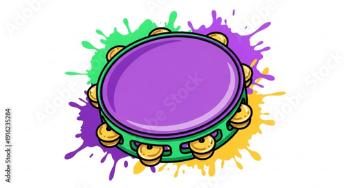 Vibrant purple tambourine with gold cymbals on green frame colorful paint splashes background