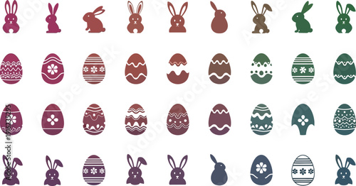 Collection of stylized colorful bunny silhouettes and beautifully decorated Easter eggs presented in a neat grid pattern for holiday design projects.