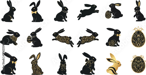 Collection of black and gold decorative easter bunny silhouettes featuring various poses and ornate egg designs perfect for holiday celebration graphics