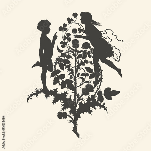 Enchanting silhouette of two whimsical fairies interacting amidst a thorny vine with clover, evoking a sense of magic and nature's embrace.