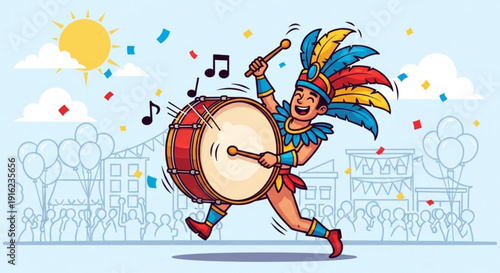 Vibrant aztec dancer playing large drum with colorful feathers and confetti lively celebration scene