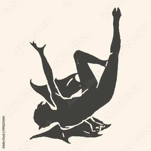 Silhouette of a falling devil or demon with bat-like wings, dramatic descent into darkness, high contrast black and white illustration