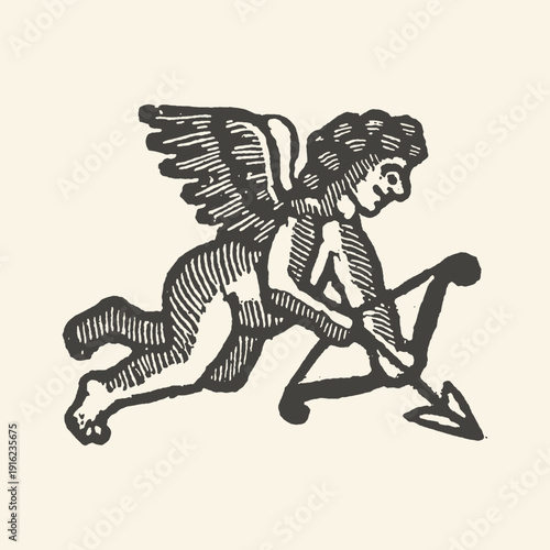 Vintage illustration of a winged cupid holding a bow and arrow, symbolizing love and romance, in a classic woodcut style.