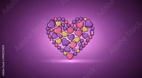 Colorful heart shapes in purple pink and yellow on a gradient background symbolizing love and affection