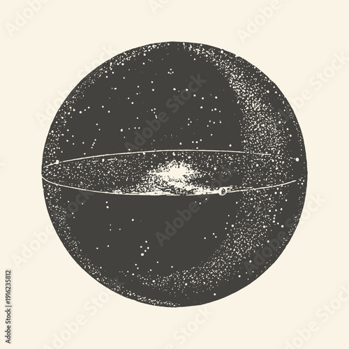 Abstract spherical illustration of starry sky and galaxy, in a monochrome etched style, evoking wonder and mystery.