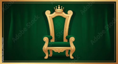 Luxurious gold throne chair with crown on emerald green velvet background royal furniture
