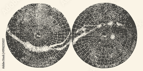 Antique Black and White Celestial Map Engraving with Stellar Grids and Cosmic Patterns, Vintage Astronomy Diagram for Science and Galactic Exploration