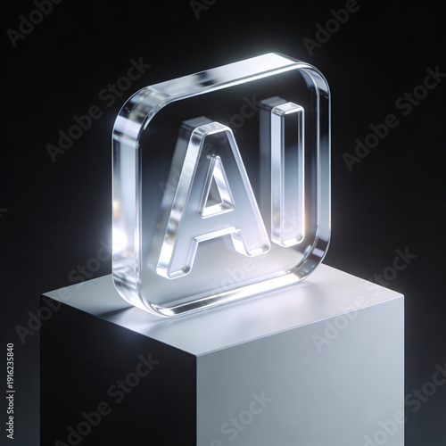 Transparent glass square AI icon with clear glossy finish on white cube pedestal in dark studio. Clean 3D render representing artificial intelligence, software interface and digital technology.