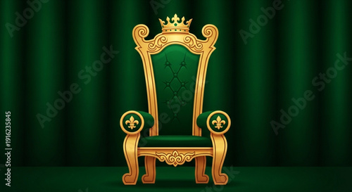Luxurious green throne chair with gold accents and crown on top royal seat furniture