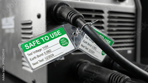 Green safe to use electrical test tags with PAT test pass status and earth bond verification on power equipment
