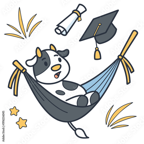 Class of [Year] Success themed SVG: Bashful Cow with in a hammock in a Graduation environment