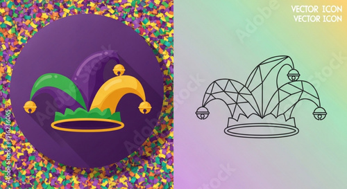 Jester hat icon with colorful confetti background and outline version for design use
