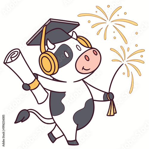 An adorable Cow with a Bashful vibe, wearing headphones, and a Class of [Year] Success Graduation theme – SVG style
