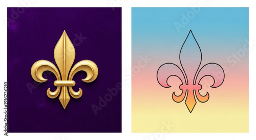 Fleur de lis symbol in gold on purple and gradient backgrounds decorative emblem icons