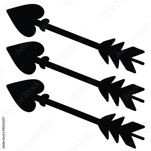 Three black heart shaped arrows in a row