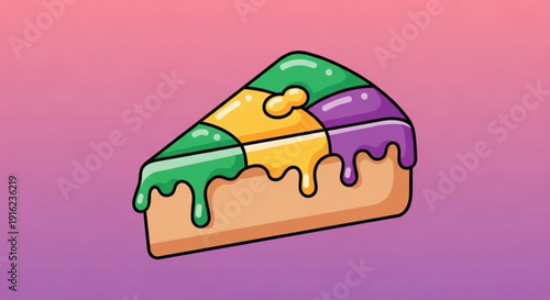 Colorful slice of king cake with green yellow and purple icing on a pink background festive dessert