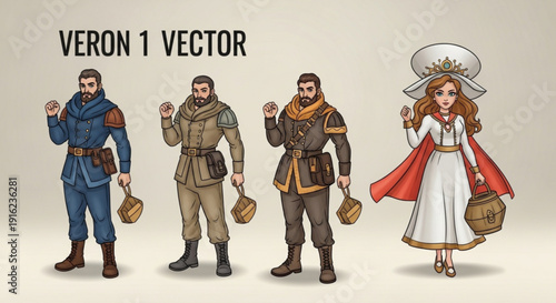 Medieval people characters set four persons in different clothes whisk in hand standing beige background