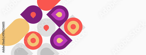 Abstract geometric shapes, circles, squares, muted colors, minimalist design. Background is white space. Composition feels playful, modern.