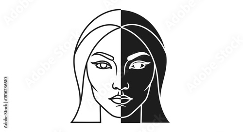 Split Face Woman Portrait, Black and White Contrast, Identity and Duality Concept