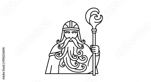 Stylized Wizard King with Long Beard and Staff, Ancient Ruler Icon, Fantasy Character