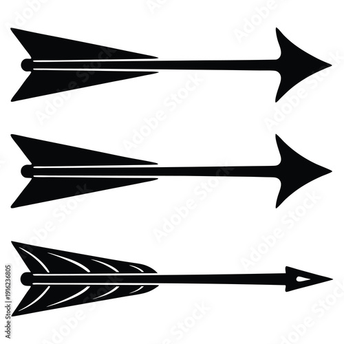 Three black arrows with fletching on isolated pointing right