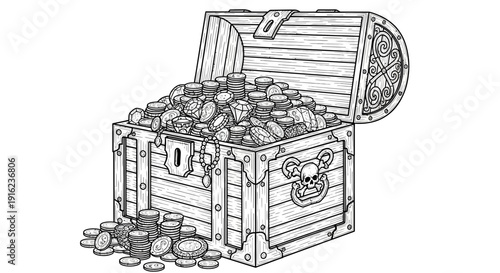 Treasure Chest Overflowing with Gold Coins, Pirate Loot, Vintage Wooden Box, Adventure, Riches
