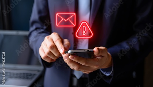 Businessman using a smartphone with red neon email and warning alert icons for phishing security