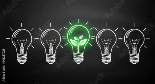 Light bulbs drawn on chalkboard with one glowing green bulb featuring plant leaves, symbolizing eco-friendly energy concepts and sustainability