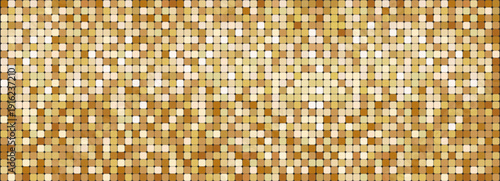 Golden mosaic disco party background. Metal gold sequin shiny sparkle decoration. Disco ball effect tile bg. glitter halftone wallpaper. Sparkling glitter backdrop.