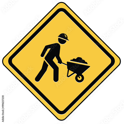 Photo of silhouette of a construction worker pushing a wheelbarrow isolated on white background