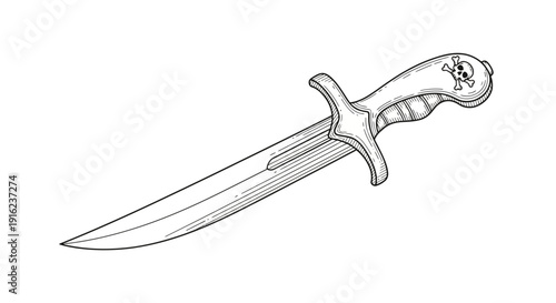 Pirate Dagger with Skull Emblem, Black and White Illustration