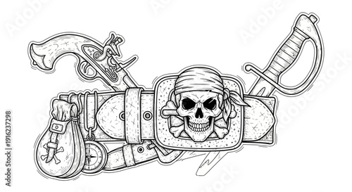Pirate Belt with Skull Buckle, Flintlock Pistol, Cutlass, and Money Bag - Black and White Line Art