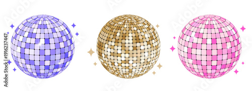 Disco ball set, shiny party mirror glowing party decorations. Gold, pink and silver colors. Glossy discoball in 70s 80s retro style. Party, music, 