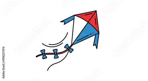 Red and Blue Diamond Kite Flying High with Streamers on White Background