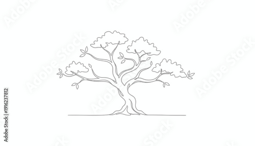 Minimalist Single Line Drawing of a Lush Tree with Spreading Branches and Leaves