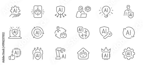 AI technology line icons set. Artificial intelligence, security, chatbot and automation and robotics vector collection