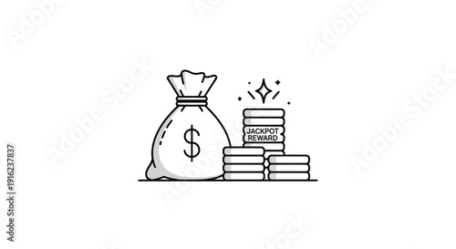 Money Bag and Jackpot Reward Coins Stack - Winning, Wealth, and Success Concept