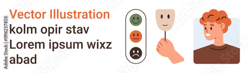 Emotional analysis, mood tracking, self-expression, mental health, identity, decision making. Series of happy faces, a hand holding a mask and a person. Emotional analysis and mood tracking concept