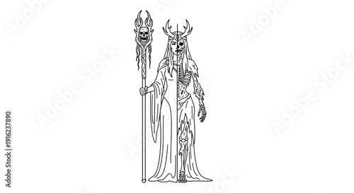 Mysterious Undead Queen with Crown and Staff, Half Skeleton, Half Living