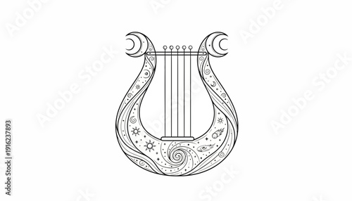 Mystical Lyre with Celestial Motifs - Cosmic Music Instrument
