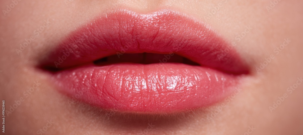 Fototapeta premium Close-up of smooth, glossy lips with pink lipstick on a neutral background, beauty focus