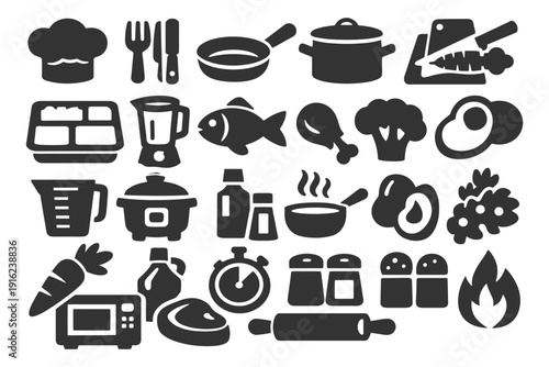 Collection of cooking utensil icons featuring kitchen tools and ingredients.