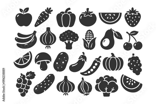 Silhouette icons of fruits and vegetables in black and white.