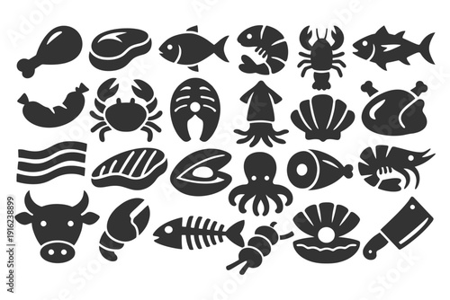 Silhouette icons of seafood and meat variety including fish, crab, lobster, and steak.