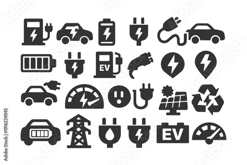 Electric vehicle icons set including charger, battery, and recycling symbols.