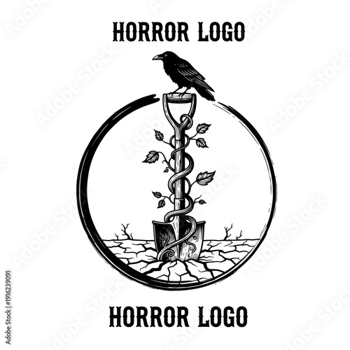 Horror Logo with Raven, Shovel, and Vine in a Cracked Earth Circle.