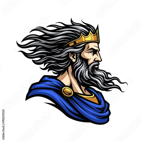 Illustration of a powerful ancient king with a flowing beard and crown.