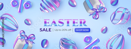 Modern Easter sale banner with 3d metallic Easter eggs, gift boxes and percentage signs on blue background. Vector illustration.